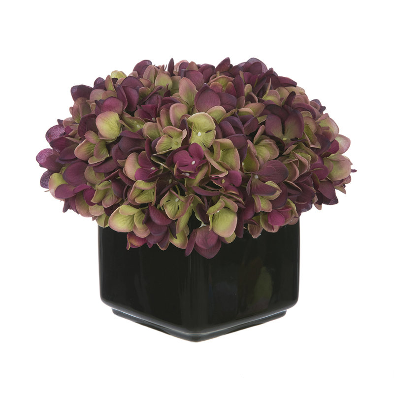 Hortensia artificiel prune dans un vase cubique en céramique noir brillant, Prune / sauge
