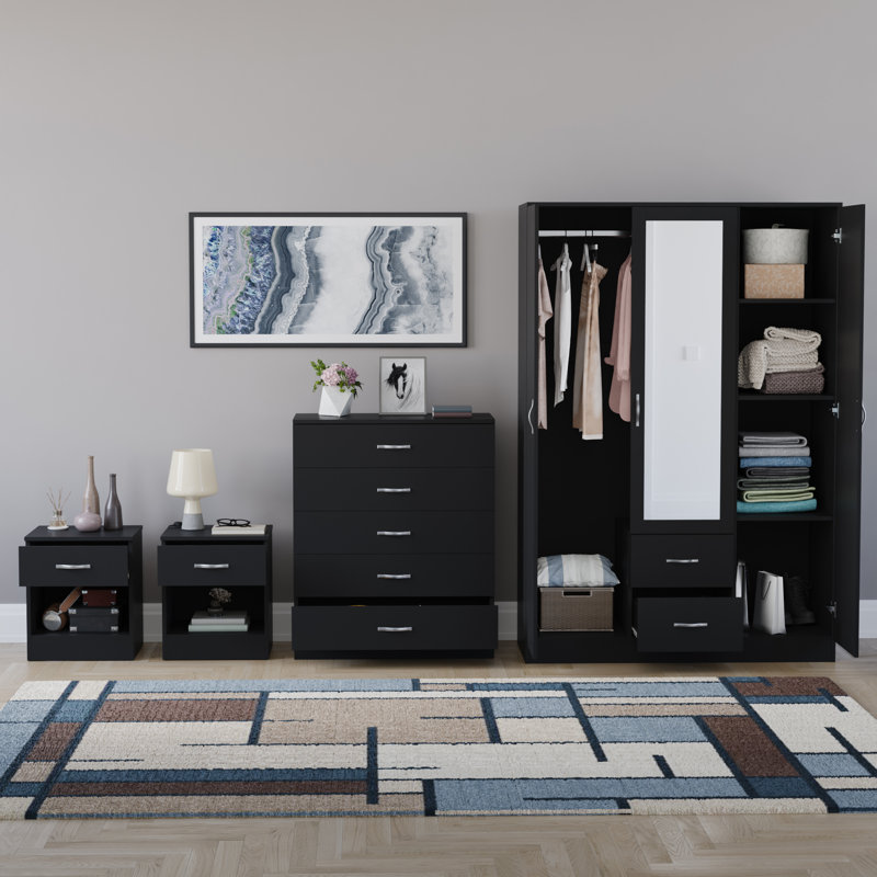 Tayce 4 Piece Bedroom Set (1 Drawer Bedside Chest X2, 5 Drawer Chest, 3 Door 2 Drawer Mirrored Wardrobe), Black