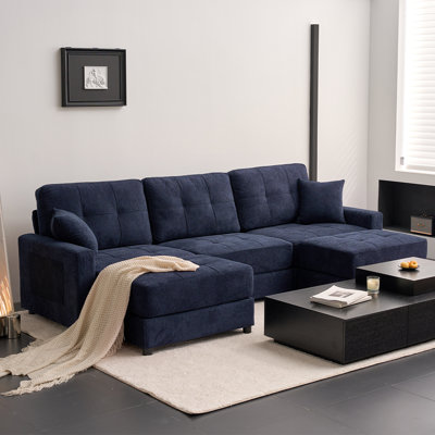 112" U-Shaped Sectional Sofa Couch, Waffle Fabric Deep Seat Sofa with Ottoman, Spring Cushion Modular Couch for Living Room, Navy