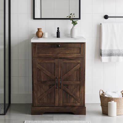 23.6" Bathroom Vanity with Integrated Sink Top, Bathroom Storage Cabinet with Flip Drawer & Doors