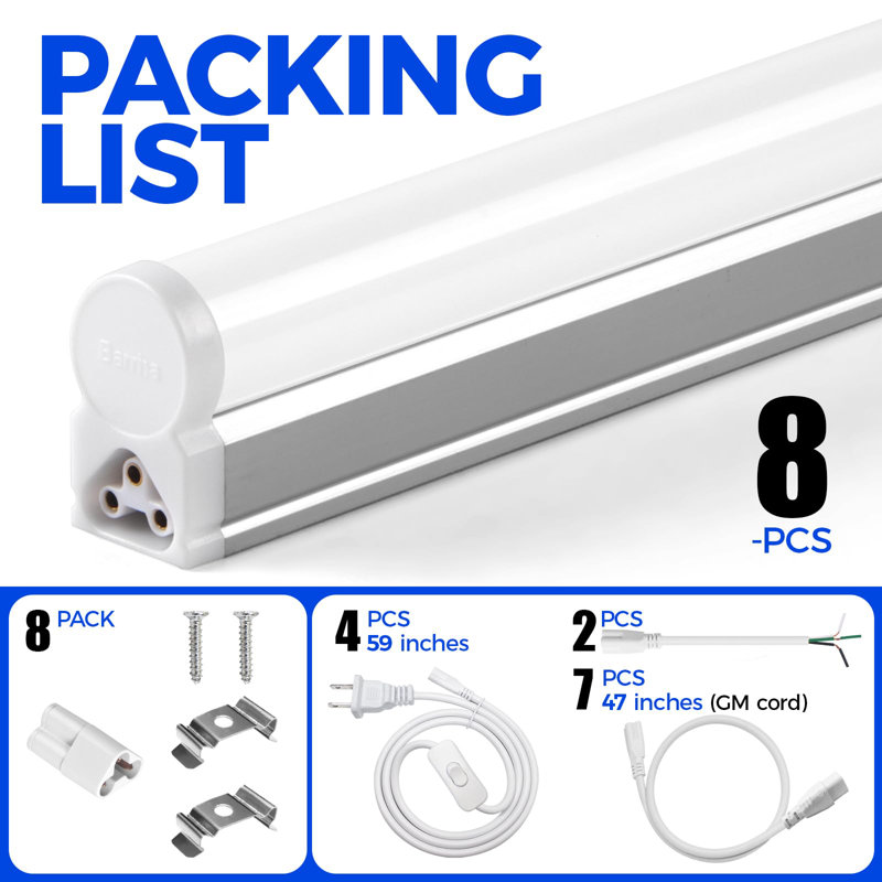 Barrina (paquet de 8 luminaires simples intégrés T5 à DEL, 4 pi, 2 200 lm, 5 000 K, 20 W), luminaire utilitaire, plafonnier et éclairage sous armoire, homologué ETL, avec interrupteur marche / arrêt intégré