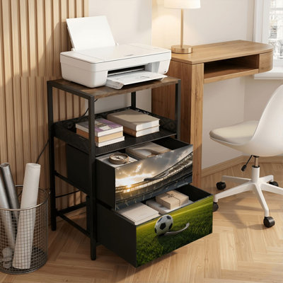 Nightstand with Charging Station, 2 Drawer Bedside Table with USB Ports and Outlets, Open Shelf, Black Night Stand for Bedroom Living Room Soccer Ball Green Grass Empty Stadium Sunset Print