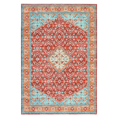 Washable Area Rug, Vintage Low Pile Non-Slip Foldable Faux Wool Medallion Carpet, Red Green, 6'x9'