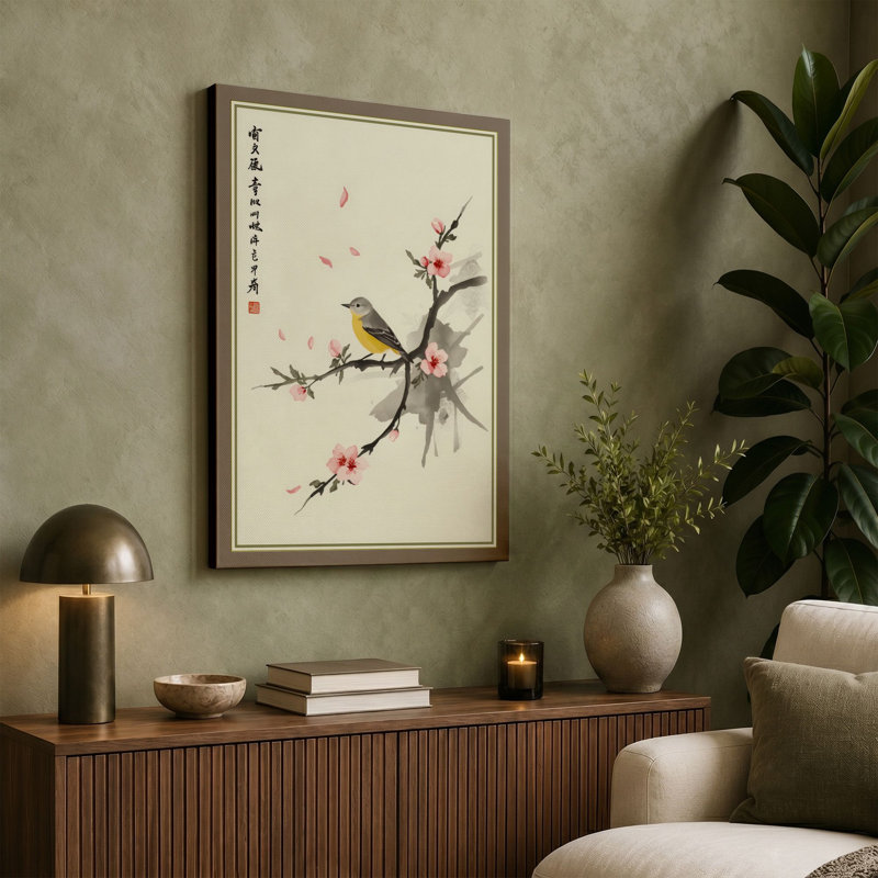 Blossoming Branch with Bird Japandi - Wrapped Canvas, 30x20 - 76.2 x 50.8 cm, Cream Border