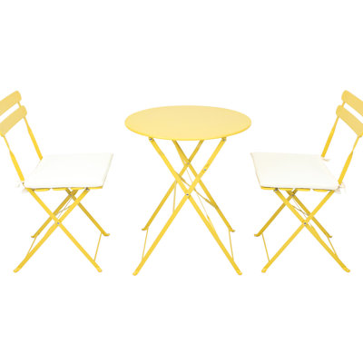 Bistro de patio jaune 3 pièces, table de chaise en métal et pliable pour le rangement, facile à installer, coussins inclus, cadre pour balcon et rouille, nettoyage facile, fourni