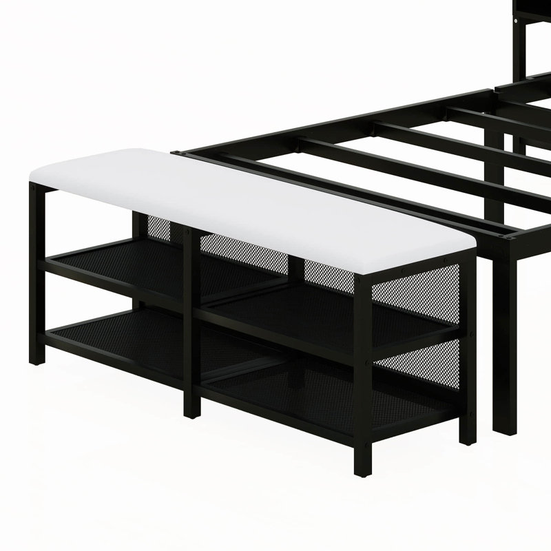 Lit plateforme en métal avec tablettes de rangement à deux niveaux, Noir