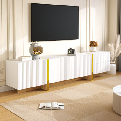 Meuble télé Alura 74,7 po avec portes, tiroirs, grain de bois et accents dorés Alura