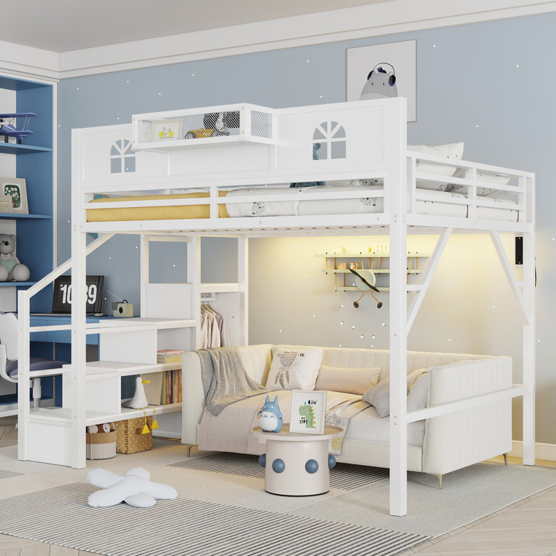 Queen Size Metal Loft Bed with Stairs, House-Shaped Guardrails and Wardrobe for Kids and Teens, White, White, Queen