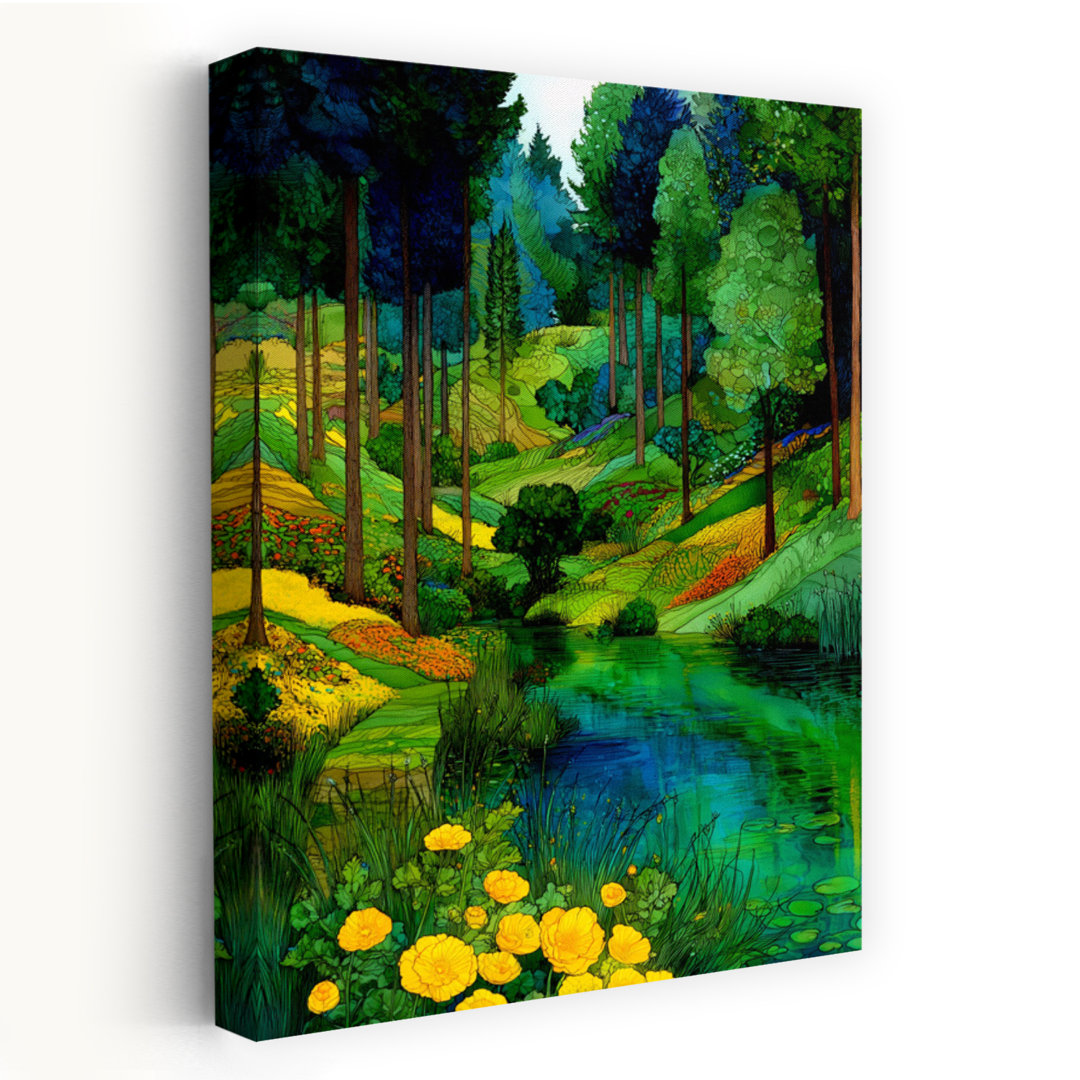 Vibrant Forest River Valley Colorful Peaceful Serene Forest Landscape Wall Art Print