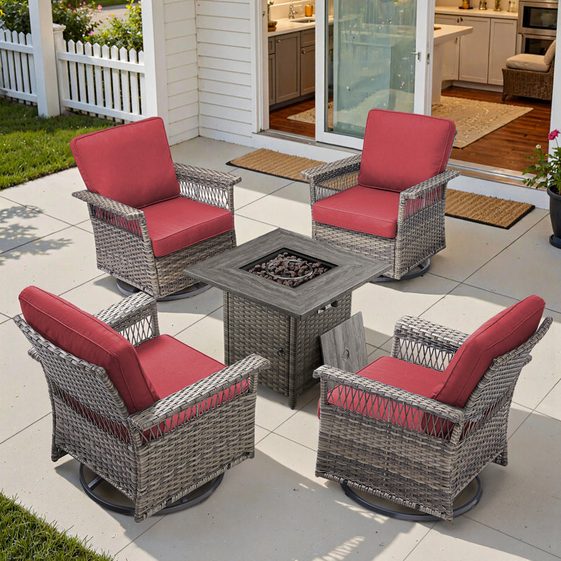 Ensemble de conversation avec chaises d'extérieur pivotantes 5 pièces Anferney, Rouge