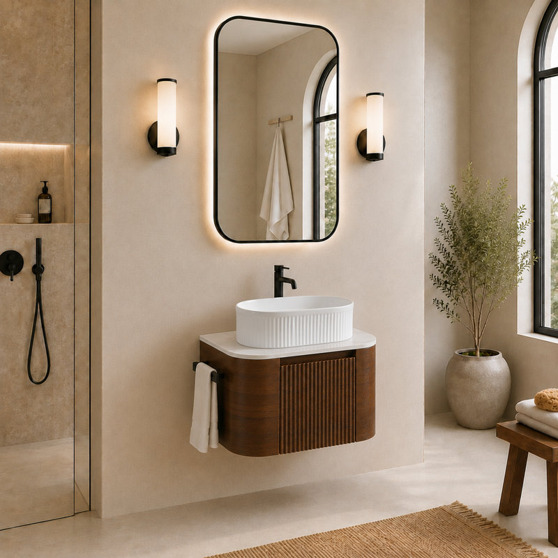 Meuble-lavabo mural 24 po avec lavabo vasque en céramique, porte-serviettes intégré et armoire pré-assemblée, Noyer