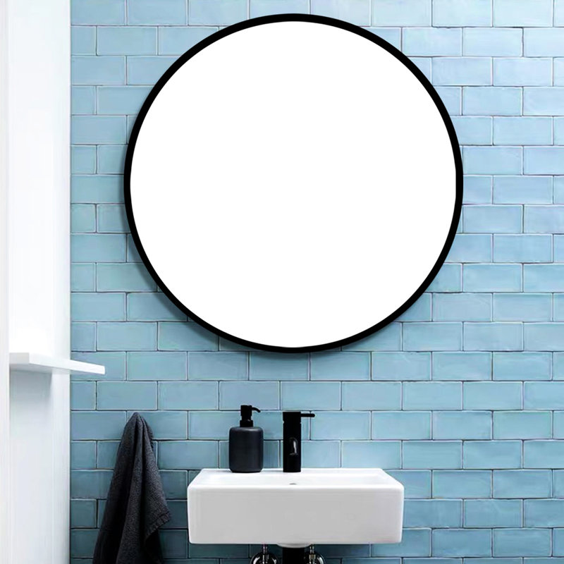 Miroir de salle de bain 32 po rond noir trempé. Reflet transparent par verre ultra de 5 mm. Étanche et incassable. Accessoires de suspension fournis. Convient à divers espaces intérieurs. Miroir facile à installer