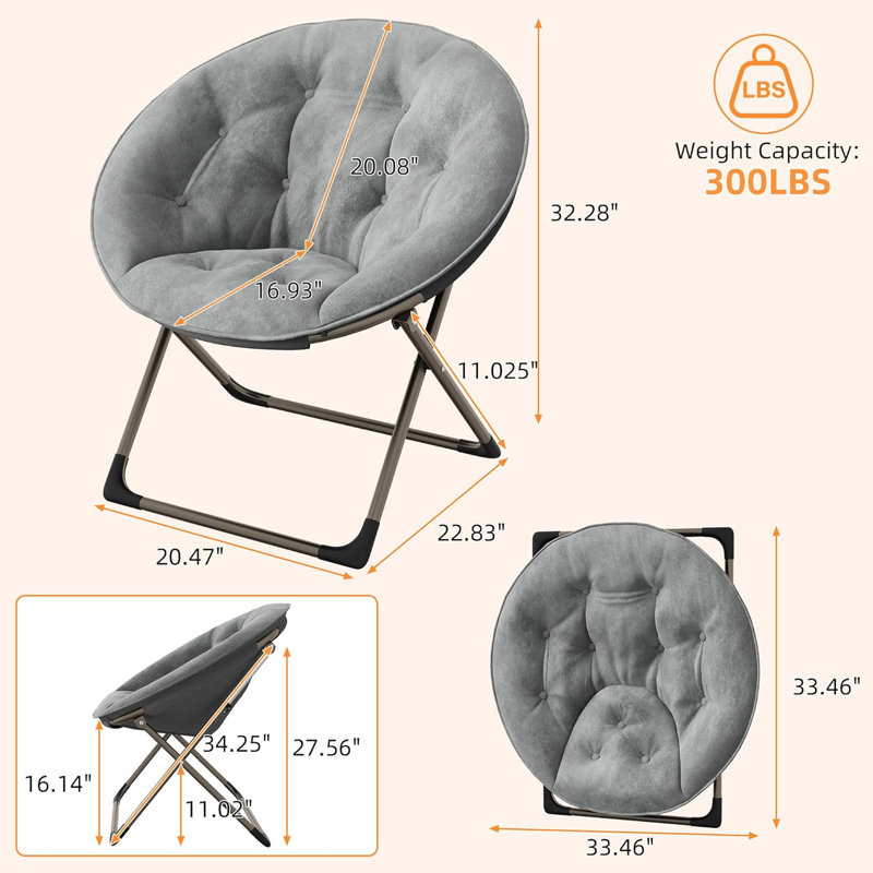 Paquet de 2 chaises soucoupes, chaises pliantes en fausse fourrure moelleuses avec structure en métal, sièges de salon surdimensionnés pour adolescents, gris