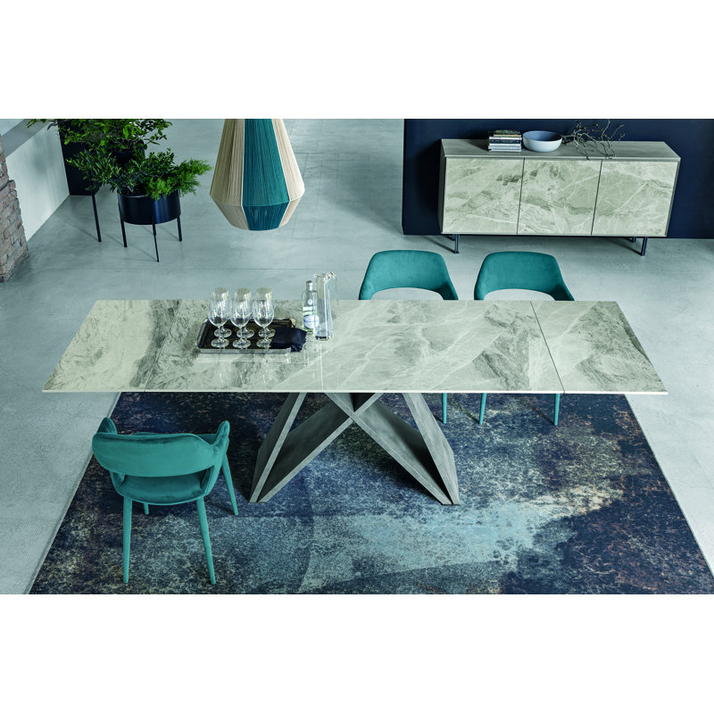 Arianie 90 cm Extendable Rectangular Glass Top and Stone Top Dining Table, Carrara Marble, Country White