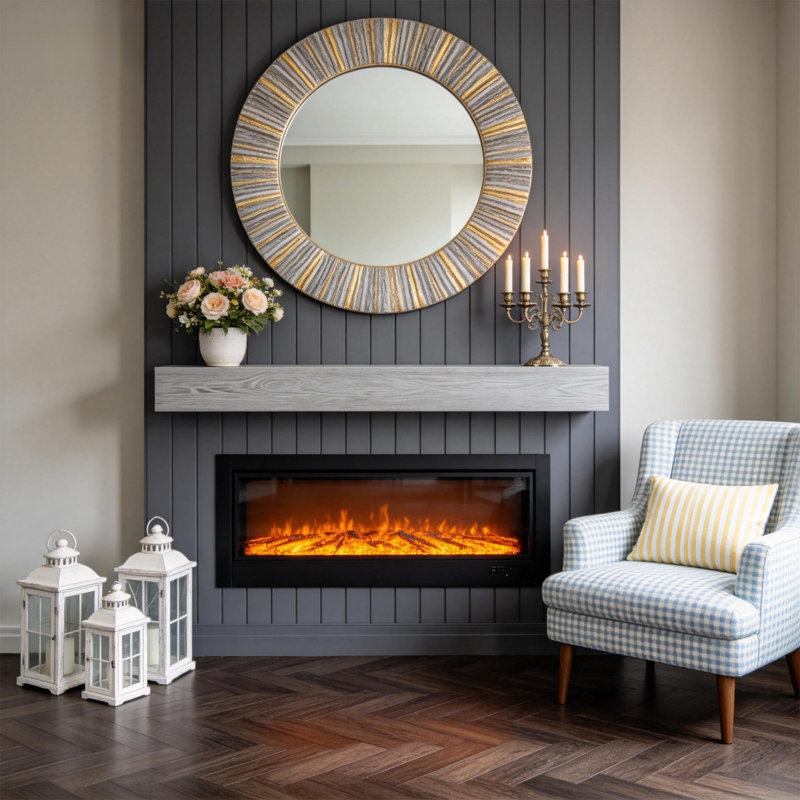 Hand Carved Fireplace Mantel 48" Rustic Solid Fir Wood Wall-Mounted Decor For Living Room, Kitchen, Entryway – Invisible Heavy Duty Bracket, Farmhouse Style Gray Mantel Shelf