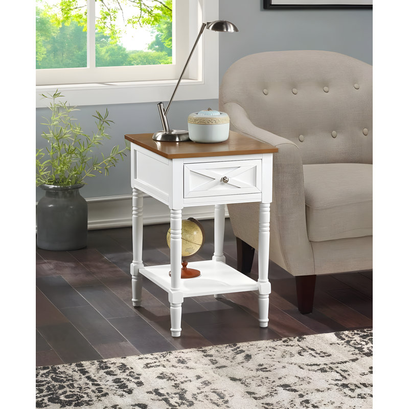 Country Oxford End Table With Built-In Charging Station, Dual Outlets, USB Ports, And Extended Power Cord