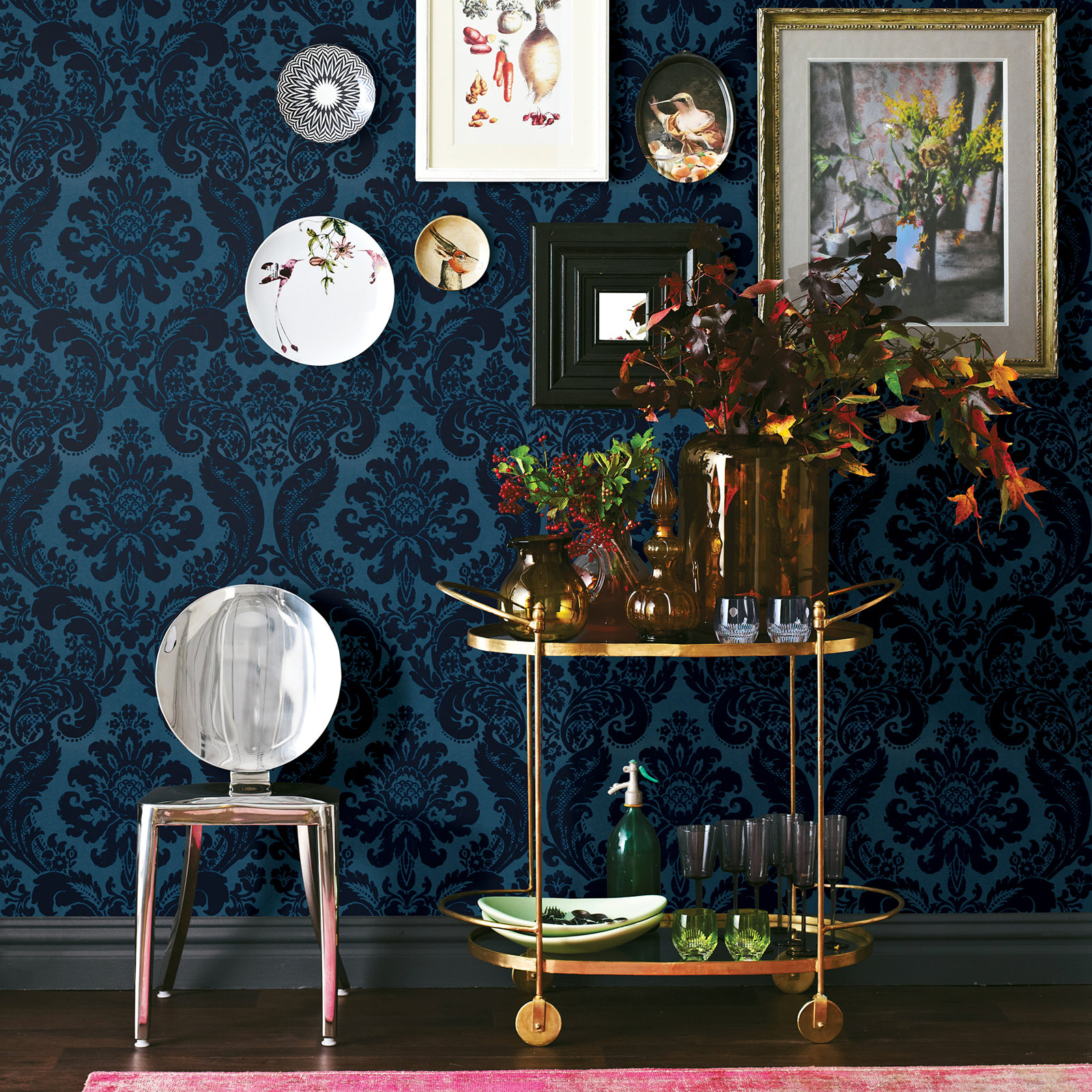 Melvin Damask Wallpaper, Blue