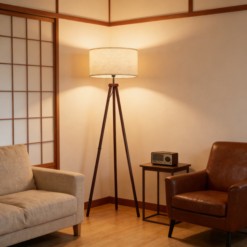 Wood Tripod Floor Lamp With Linen Shade For Living Room, Bedroom, And Office, Includes 12W Three-Color LED Bulb And Pull Chain Switch, Solid Wood Construction For Stability And Style