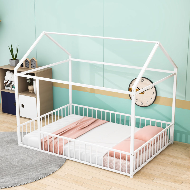 Full-Size Metal House Bed With Playhouse Design And Semi-Enclosed Sleeping Space, White