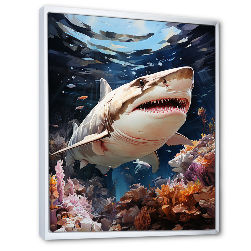 «Silent Hunter Sharks Portrait», reproduction sur toile, plage et océan, Cadre flottant blanc, H 32 po x l 16 po x P 1 po