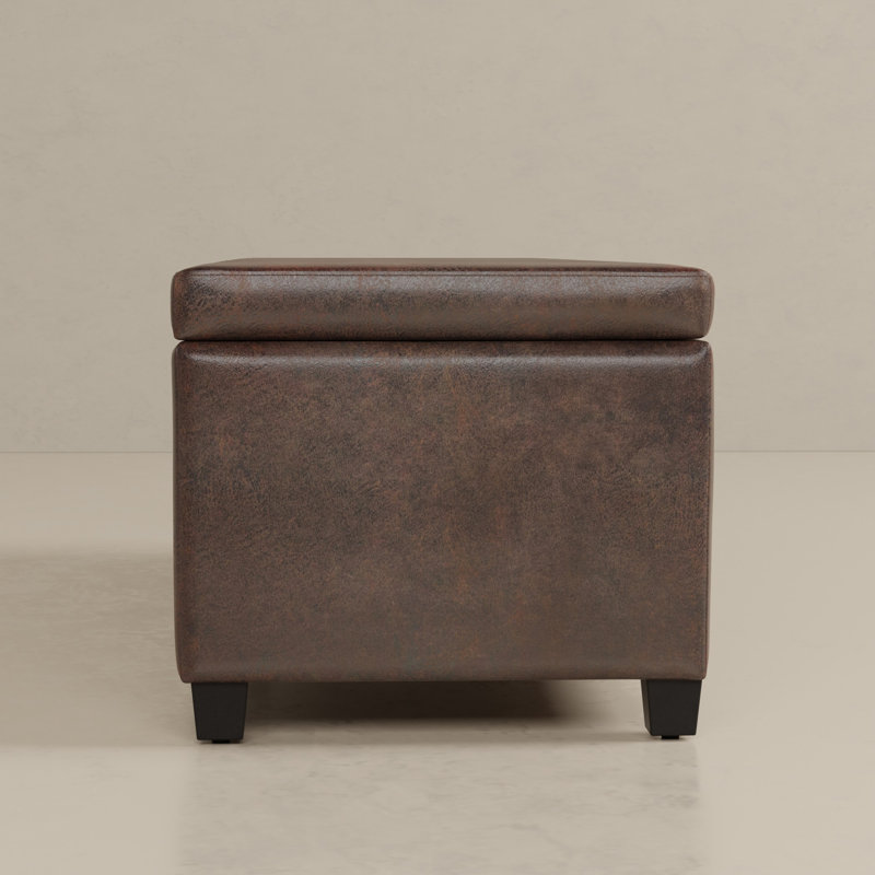 Banc ottoman de rangement rectangulaire contemporain de 122 cm de large, recouvert de cuir végane et doté d'un couvercle relevable et d'une mousse haute densité.