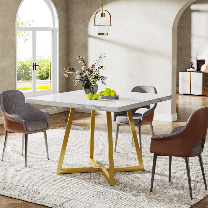 Table de salle à manger 31,5 po, Marbre blanc, Doré