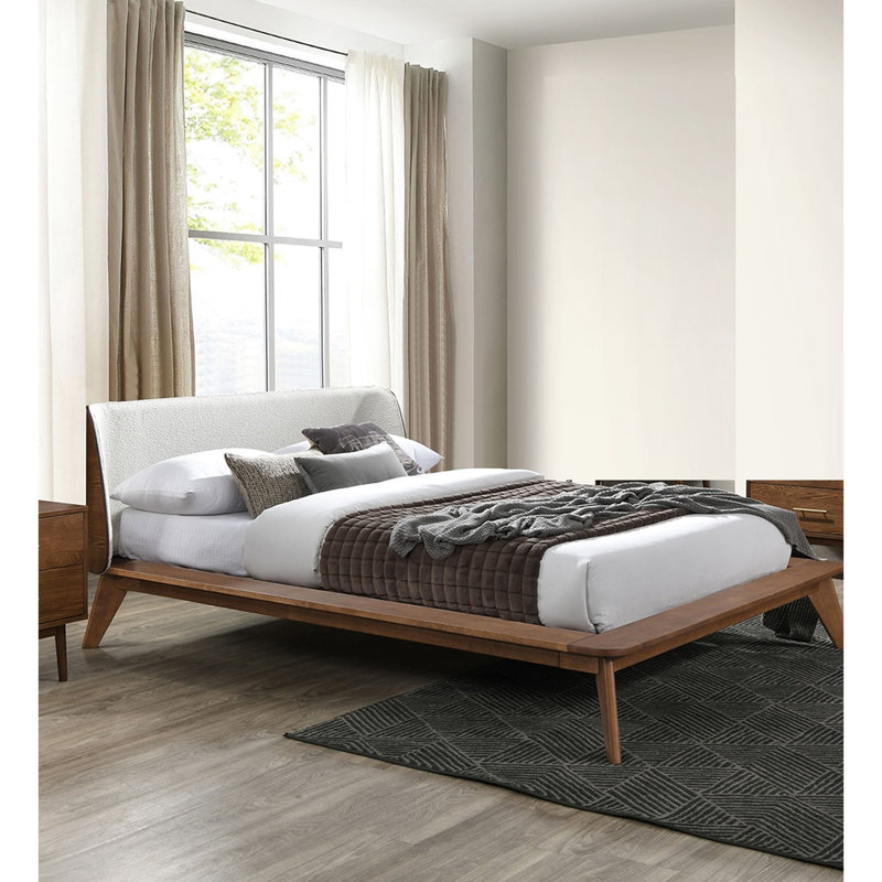 Lit double avec tête de lit à oreilles en tissu beige noyer, style Mid-Century moderne, plateforme en bois massif, angles coniques pour chambre à coucher