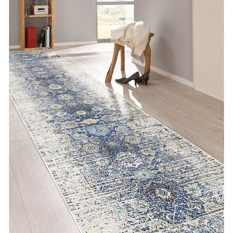 Navy and Ivory Synthetic Oriental Runner Rug