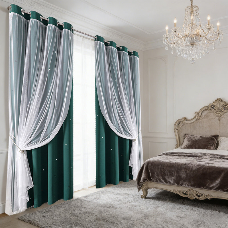 Kbndieu 84in Double Layer Star Lace Blackouts Curtains 2-in-1 Sheer Star Patterns with Blackouts Liner Thermal Insulated Curtains for Bedroom Living Room