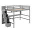 Lit mezzanine double avec bureau et tablettes de rangement, structure de lit mezzanine en bois avec escalier de rangement-2031655346
