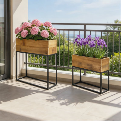 Set of 2 Reclaimed Wood Boxes with Black Iron Stands, Rustic Decorative Planter & Storage Display Boxes