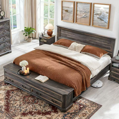 Farmhouse King Size Bed Frame with Footboard Storage Bench & 2 Safe Lift-Top Compartments