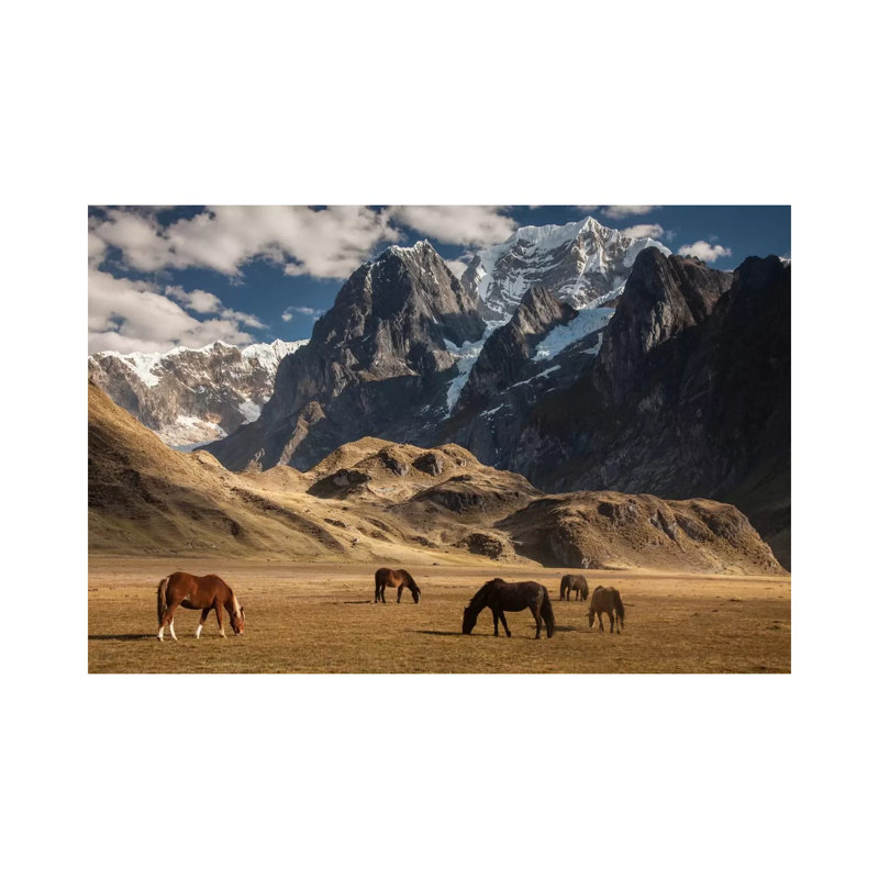 Domestic Horse Herd Grazing under Siula Grande Near Carhuacocha Lake, Cordillera Huayhuash, Andes, Peru 1 Piece Wrapped Canvas Wall Art