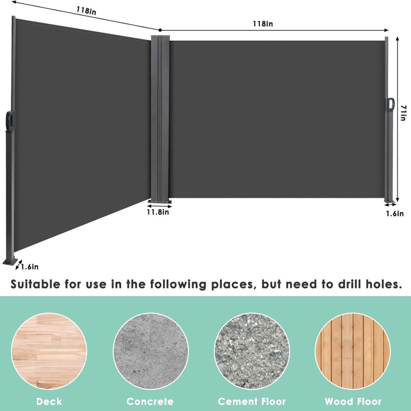 236" X 71" Side Awning, Retractable Side Awning, Patio Retractable Side Screen Awning, Uv Resistant, Waterproof, Patio Privacy Screen For Garden, Balcony, Courtyard(dark Grey)