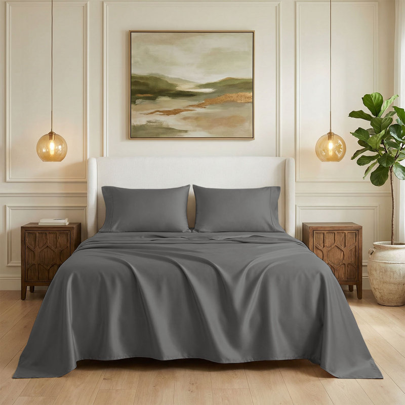 600 Thread Count 100% Cotton Sheet set in Sateen Weave, Dark Gray, California King Sheet Set with 2 Pillowcases, Solid