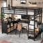 Lit mezzanine en métal avec garde-robe, bureau en L et tablettes de rangement pour une économie d'espace.-375373192-375373198