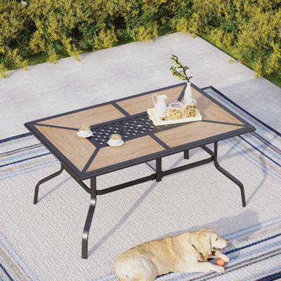 ceramic patio table with umbrella hole Kozyard 37" Square Outdoor Dining for 4, Table Hole, Steel Frame with Wood-Look Top, Heavy Duty Patio Table for Backyard, Lightweight and stackable 37" Patio Bistro Steel Slat