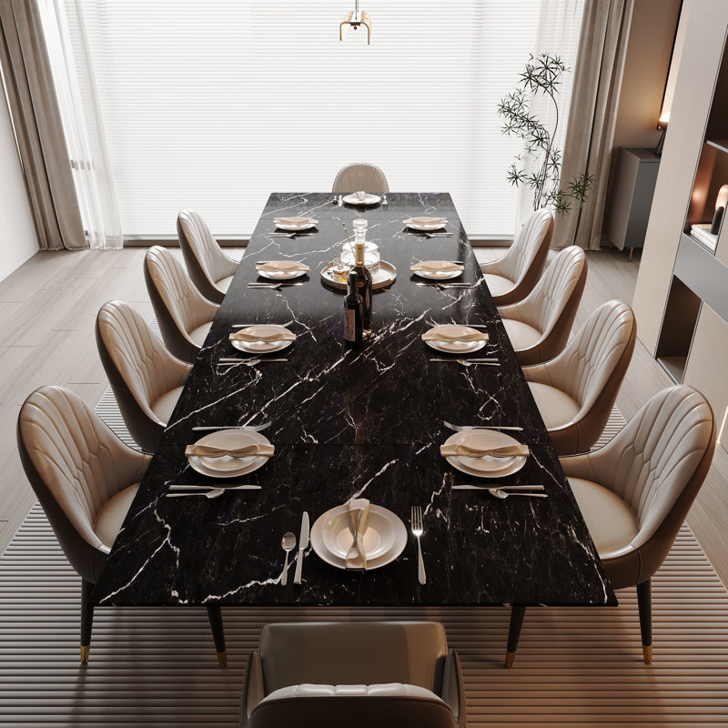63'' To 94.5” Extendable Sintered Stone Dining Table For 8-10 With Stainless Steel Base, Shakespeare Black