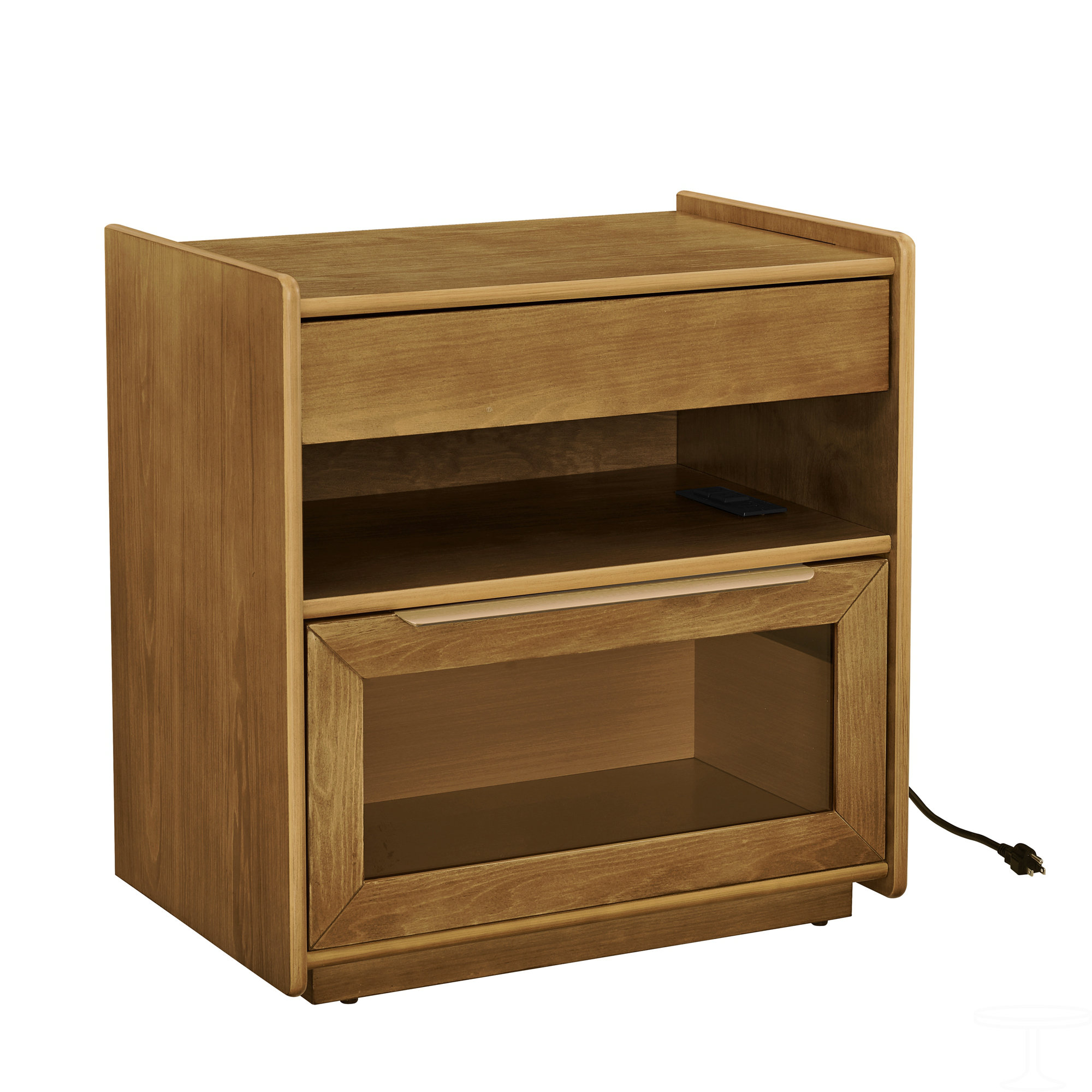 Mid-Century Modern Fluted Walnut Nightstand with USB Charging Station, Outlet Hole, Drawer & Open Shelf, Farmhouse End Table with Solid Wood Legs