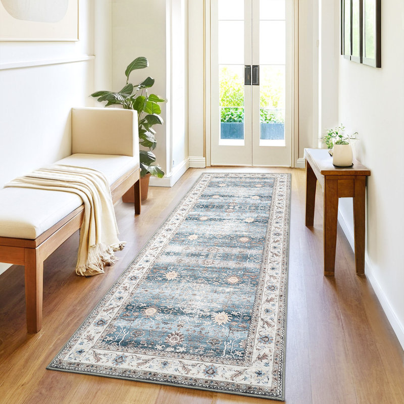 Modern Floral Machine Washable Rug for Living Room Stain Resistant Ultra Soft Low Pile Floor Cover Foldable Lightweight Non Slip Carpet for Bedroom, Dining Room
