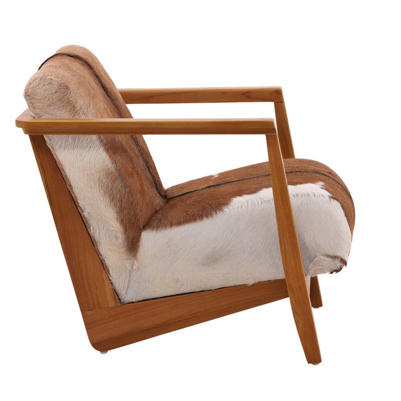 Naela Teak Upholstered Occasional Chair, Brown/White Genuine Goat Hide, Natural