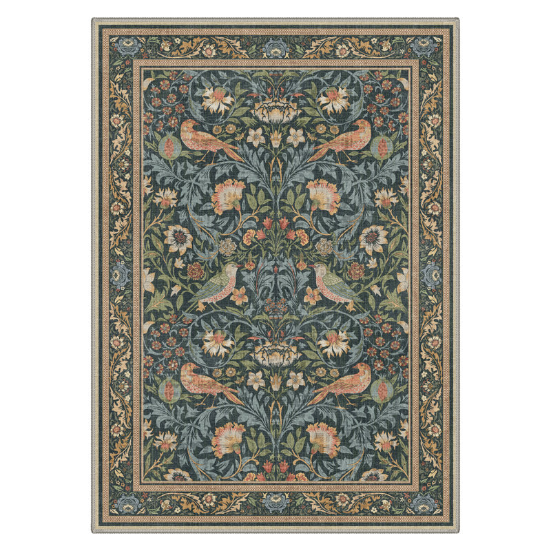 Aviara Modern Birds Machine Washable Green / Blue / yellow / Orange Indoor Area Rug with Non-Slip Backing, Round 5'