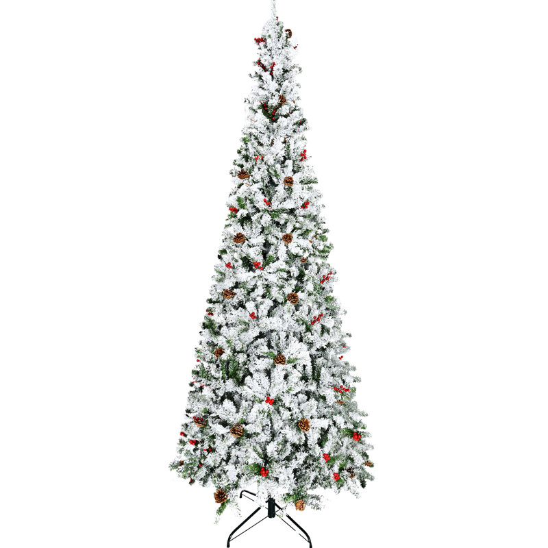 6' Pencil Snow Flocked Artificial Christmas Tree With 600 Pine Realistic Branches, Pine Cones, Red Berries, 8.10'