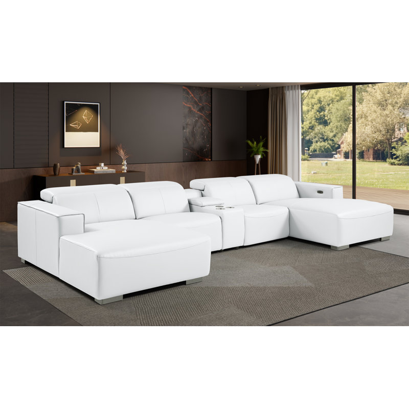 Canapé modulaire en U en cuir véritable 5 pièces blanc avec appuis-tête réglables blancs, Blanc