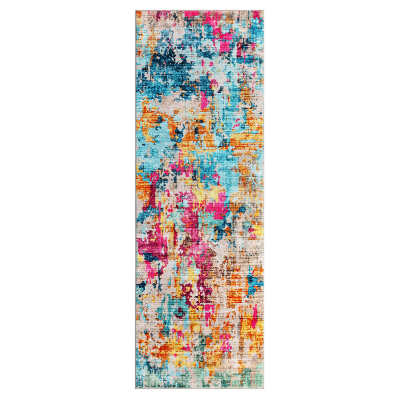 Washable Area Rug, Modern Abstract Low Pile Non-Slip Foldable Pearl Velvet Artistic Landscape Carpet, Multi-Color, 2'x8'