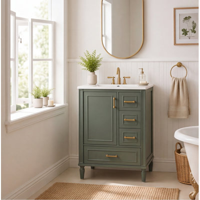 Meuble-lavabo moderne de 61 cm (24 pouces) vert olive avec lavabo en céramique, rangement à fermeture douce et poignées dorées