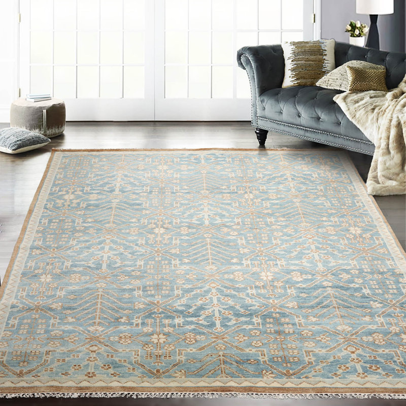Wool Oushak Area Rug in Aqua/Beige/Gray, Rectangle 8' x 10'