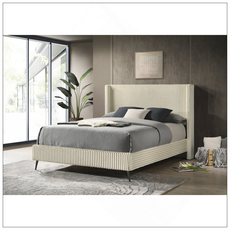 Large lit à panneaux en velours côtelé avec tête de lit à oreilles, centre de chambre moderne et luxueux, Crème, crème, Grand