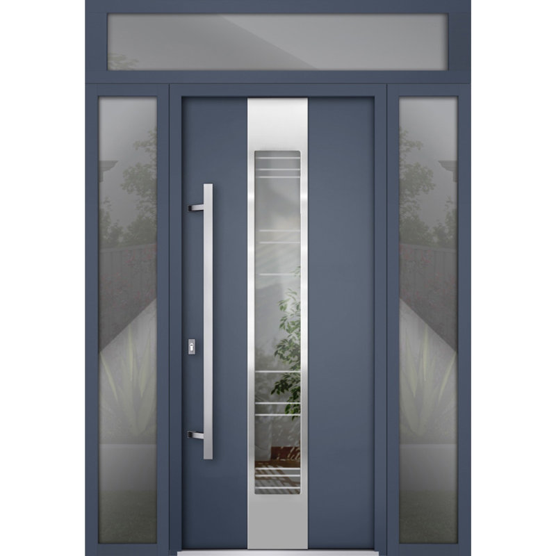Porte avant en acier pré-suspendue à l'avant / deux en graphite gris 5755/2 fenêtres extérieures latérales et supérieures / inserts en acier inoxydable peints simples modernes - l 12 po + 36 po x H 80 po + 16 po - Pivotement à droite