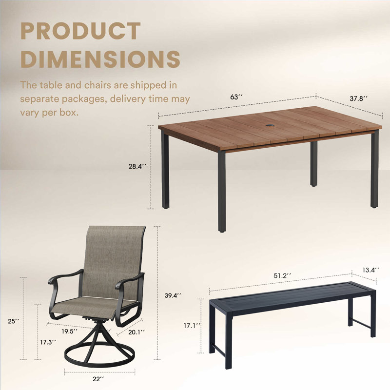 Rectangular Outdoor Dining Set With Bench And Swivel Chair, Brown, Brown